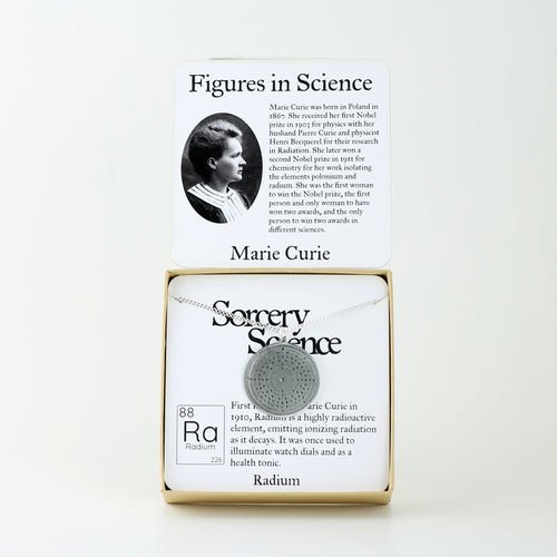 Figures in Science: Marie Curie with Radium Bohr Model Atom Necklace in Stainless Steel